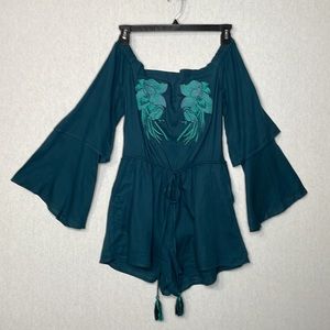 Talori, embroidered, off shoulder, romper shorts.